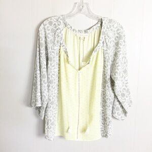 Lovestitch Printed Chiffon Tassel Blouse Small Yellow & Gray 3/4 Blouse Top
